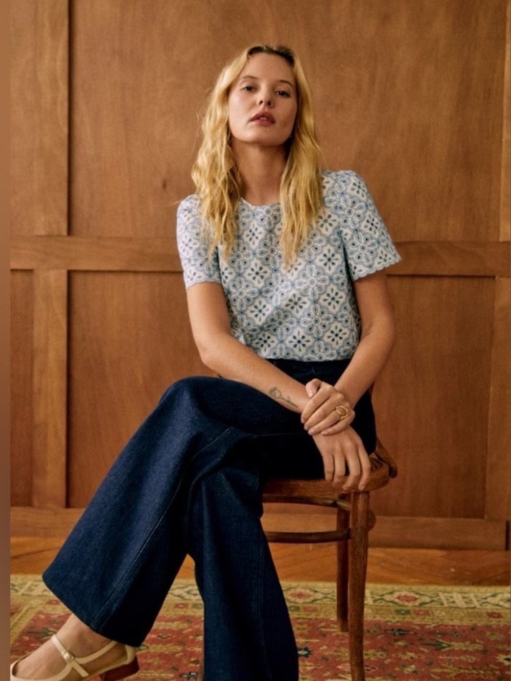 Sezane Annabelle Blouse Contrasted Embroidery Ecru Vintage Blue Size 34 / US 2 - Picture 13 of 13